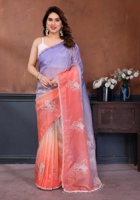 Peach Embroidered Gold Crush Saree Set