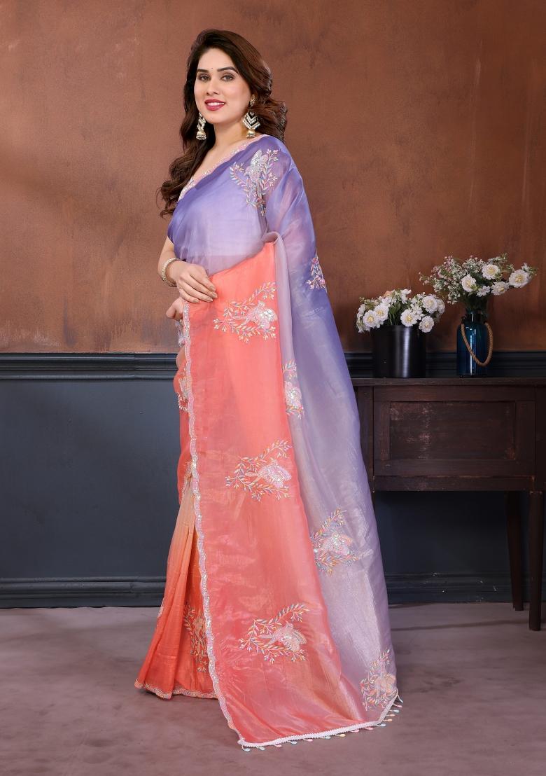 Peach Embroidered Gold Crush Saree Set - Indya