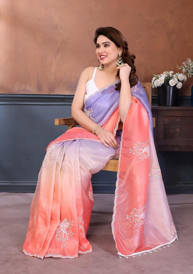Peach Embroidered Gold Crush Saree Set - Indya