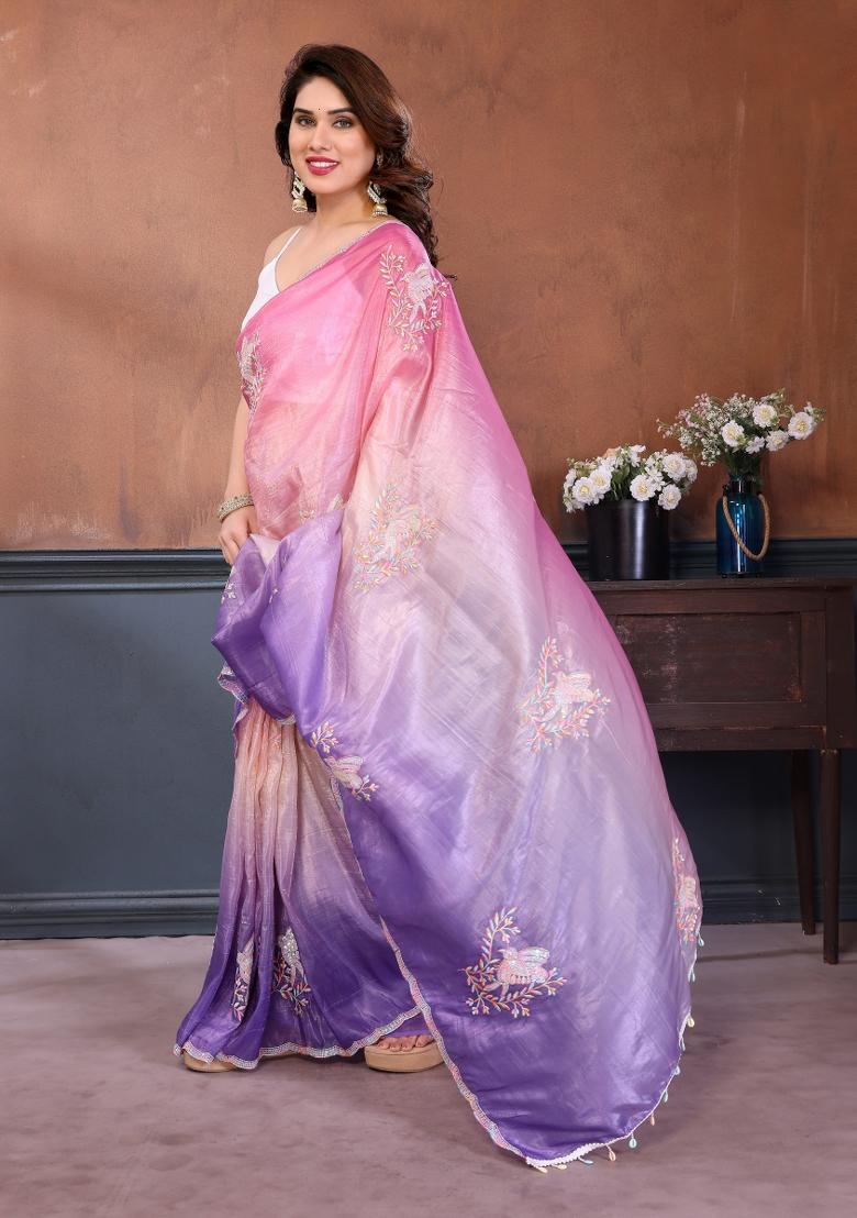 Pink Embroidered Gold Crush Saree Set - Indya