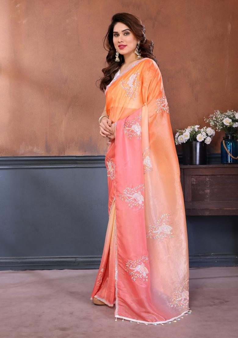 Pink Embroidered Gold Crush Saree Set - Indya