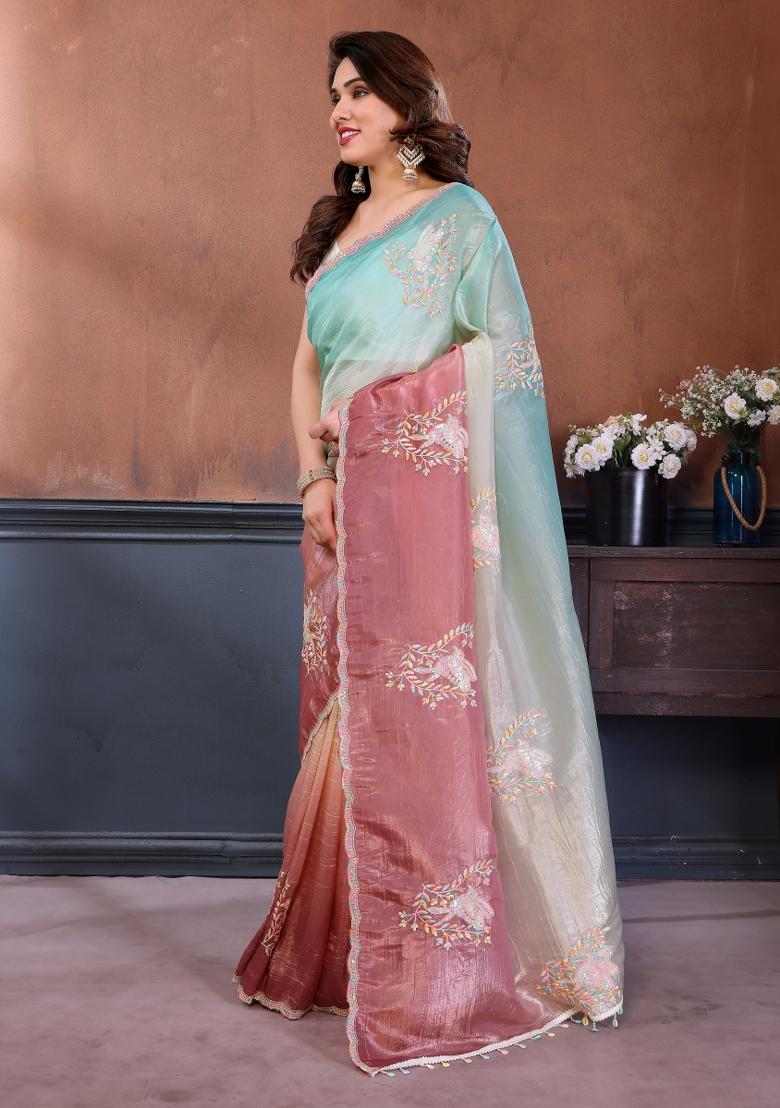 Rama Embroidered Gold Crush Saree Set - Indya