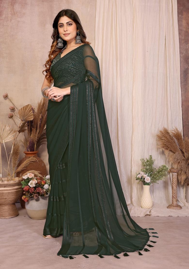 Dark Green Plain Georgette Saree Set - Indya
