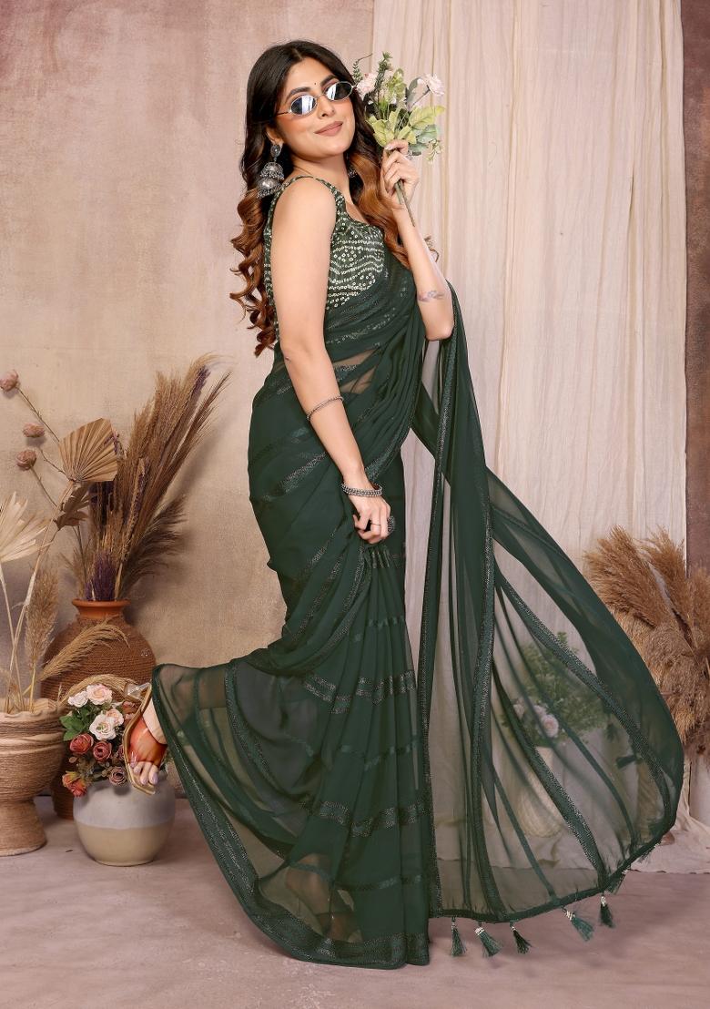 Dark Green Plain Georgette Saree Set - Indya