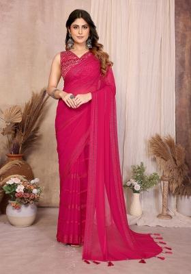 Pink Plain Georgette Saree Set