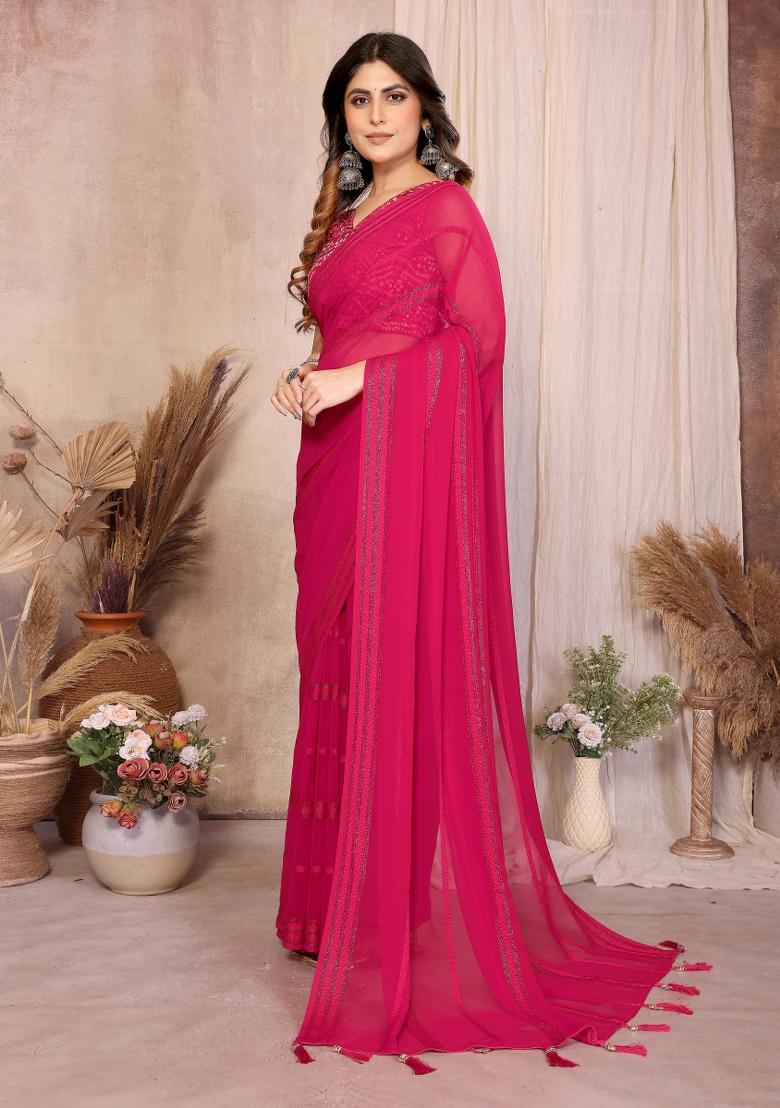 Pink Plain Georgette Saree Set - Indya
