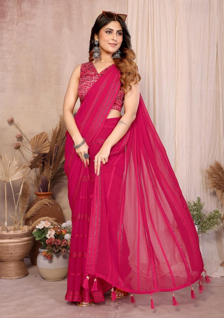 Pink Plain Georgette Saree Set - Indya