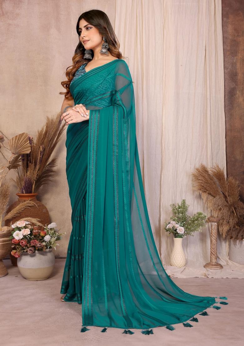 Rama Plain Georgette Saree Set - Indya