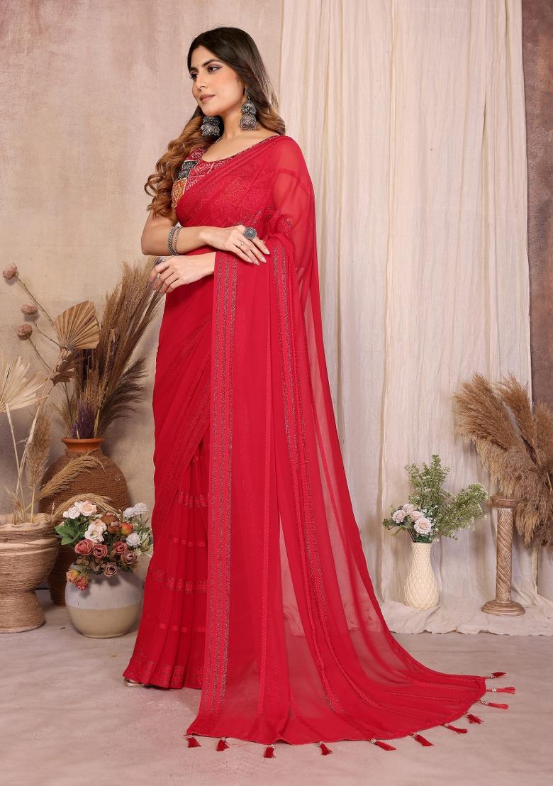 Red Plain Georgette Saree Set - Indya