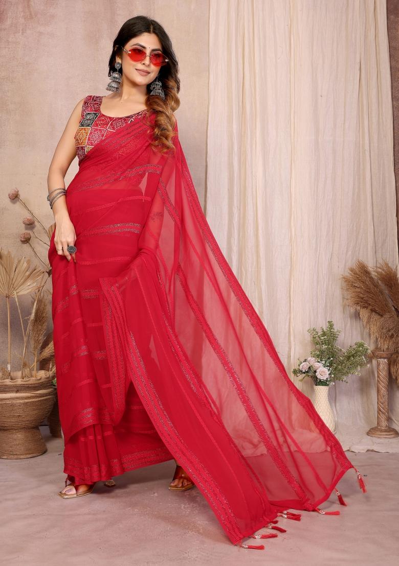 Red Plain Georgette Saree Set - Indya