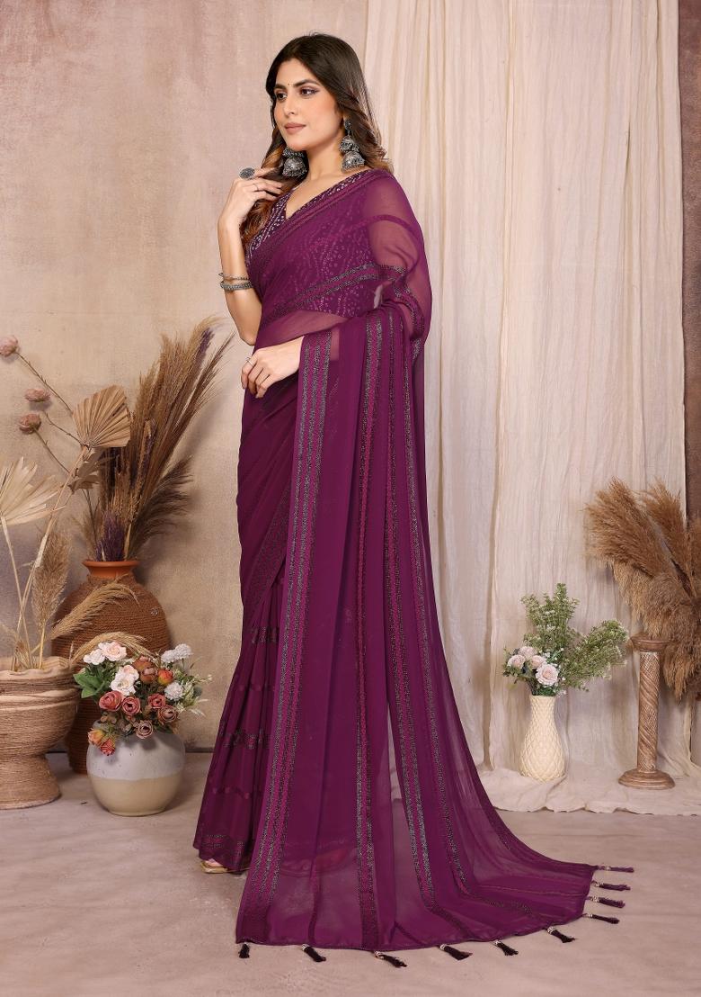 Wine Plain Georgette Saree Set - Indya