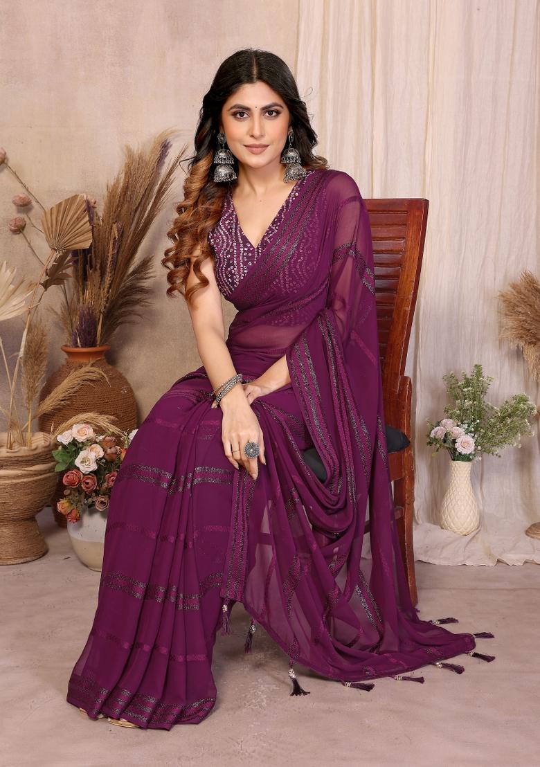 Wine Plain Georgette Saree Set - Indya