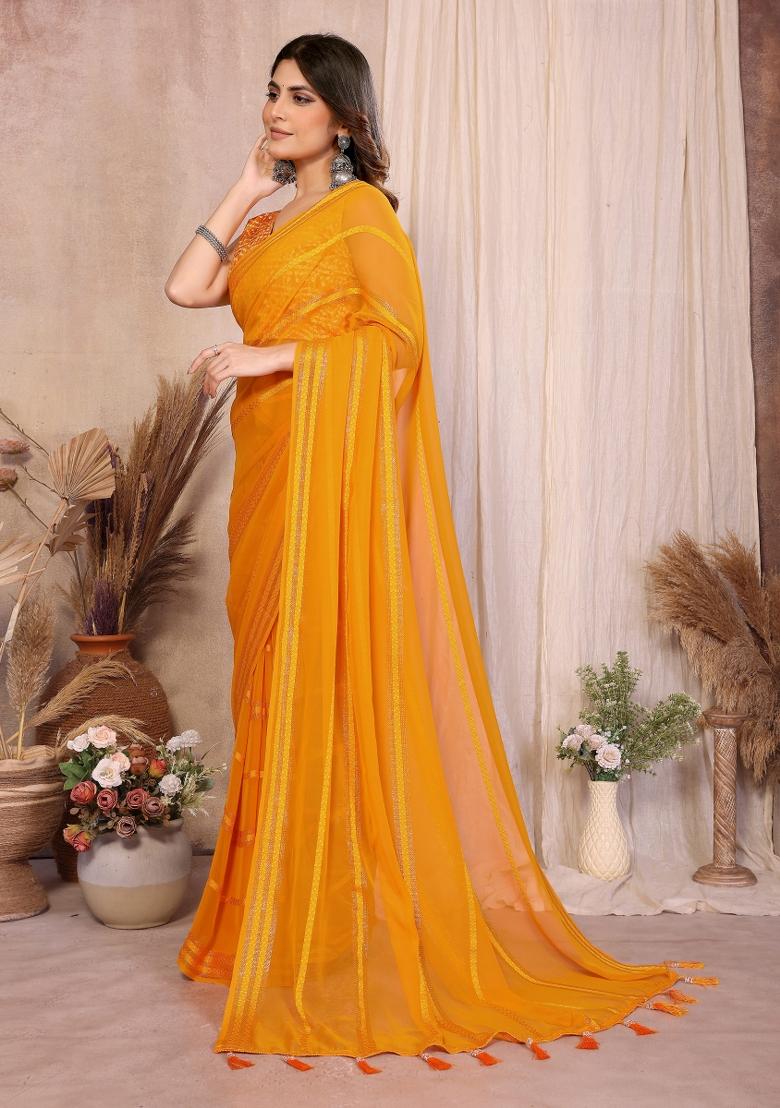 Yellow Plain Georgette Saree Set - Indya