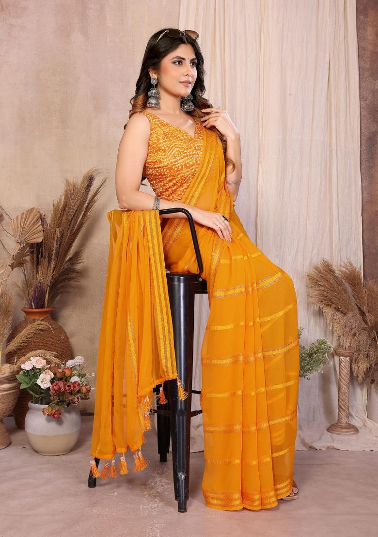 Yellow Plain Georgette Saree Set - Indya