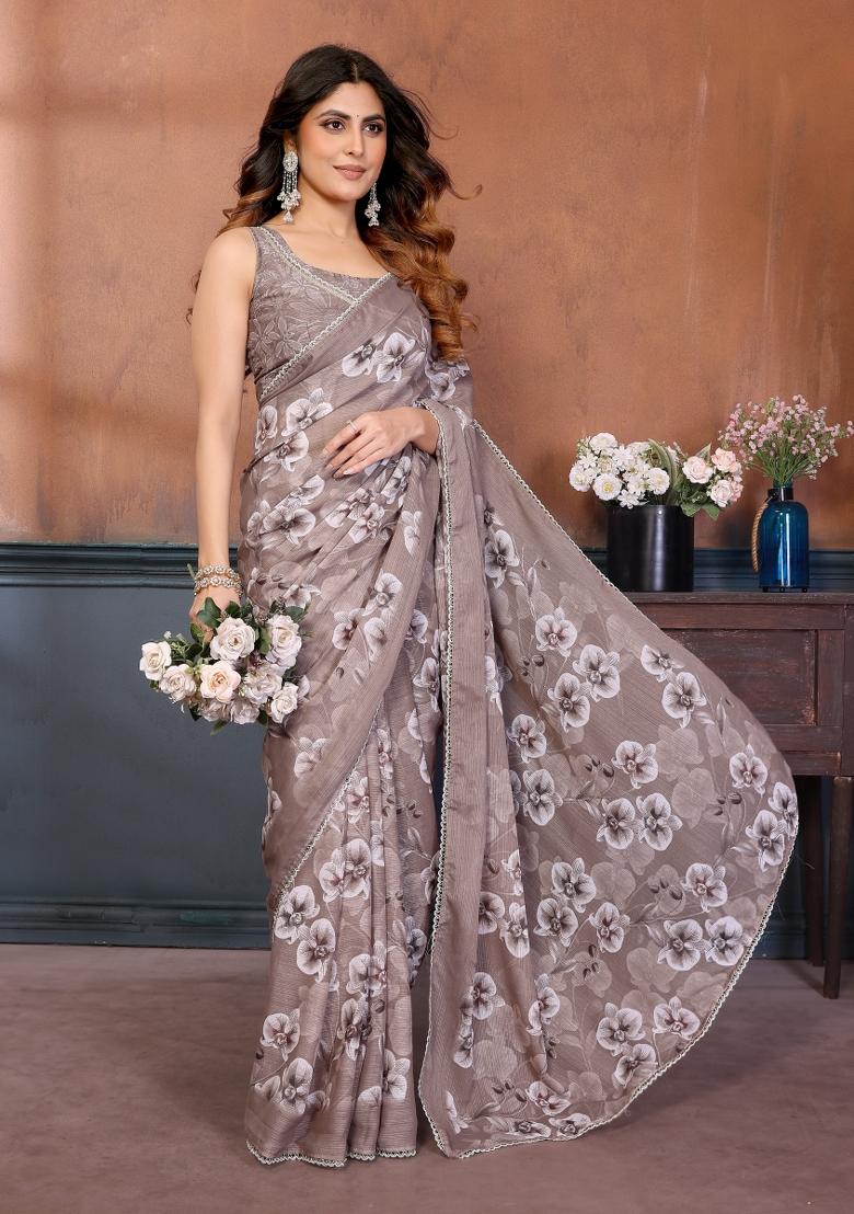 Brown Printed Georgette Saree Set - Indya