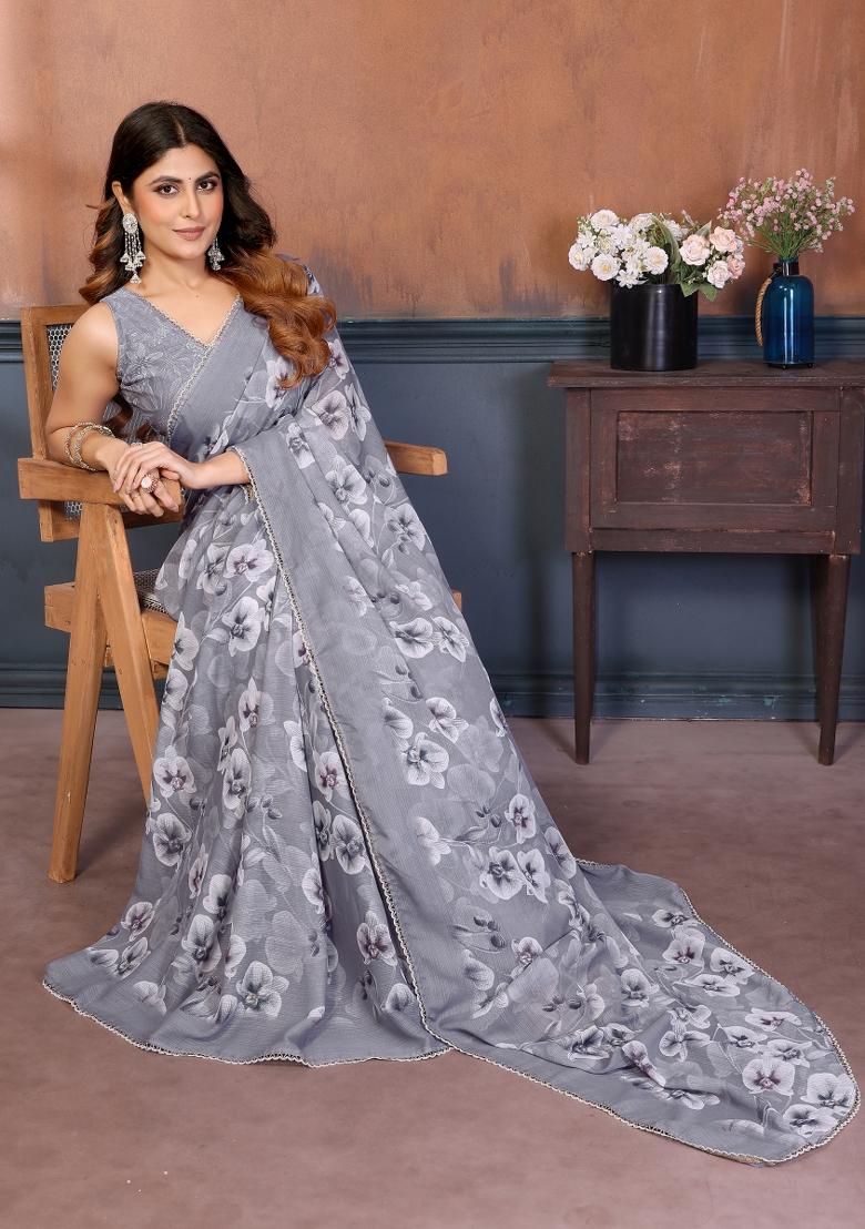 Grey Printed Georgette Saree Set - Indya