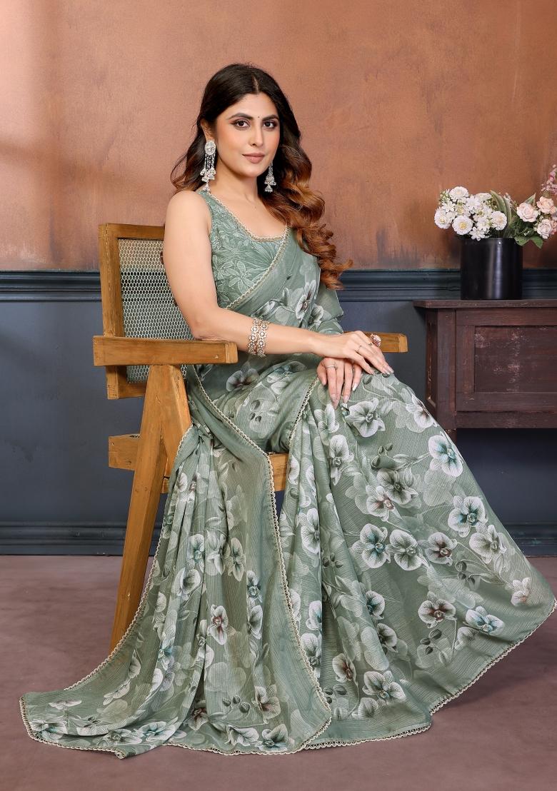 Pista Printed Georgette Saree Set - Indya