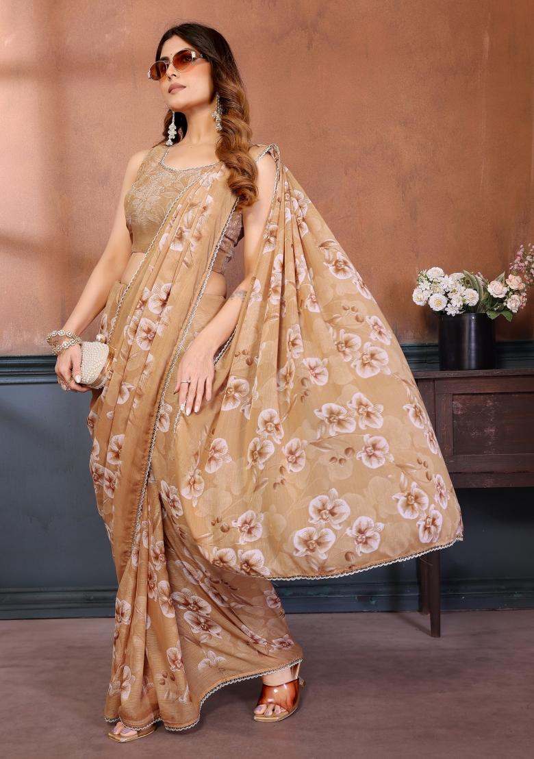 Yellow Printed Georgette Saree Set - Indya