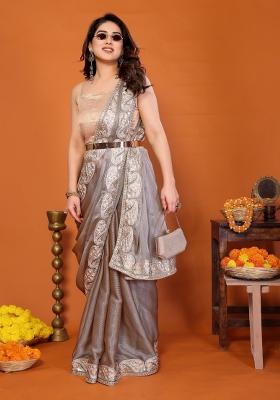 Grey Embroidered Chiffon Saree Set