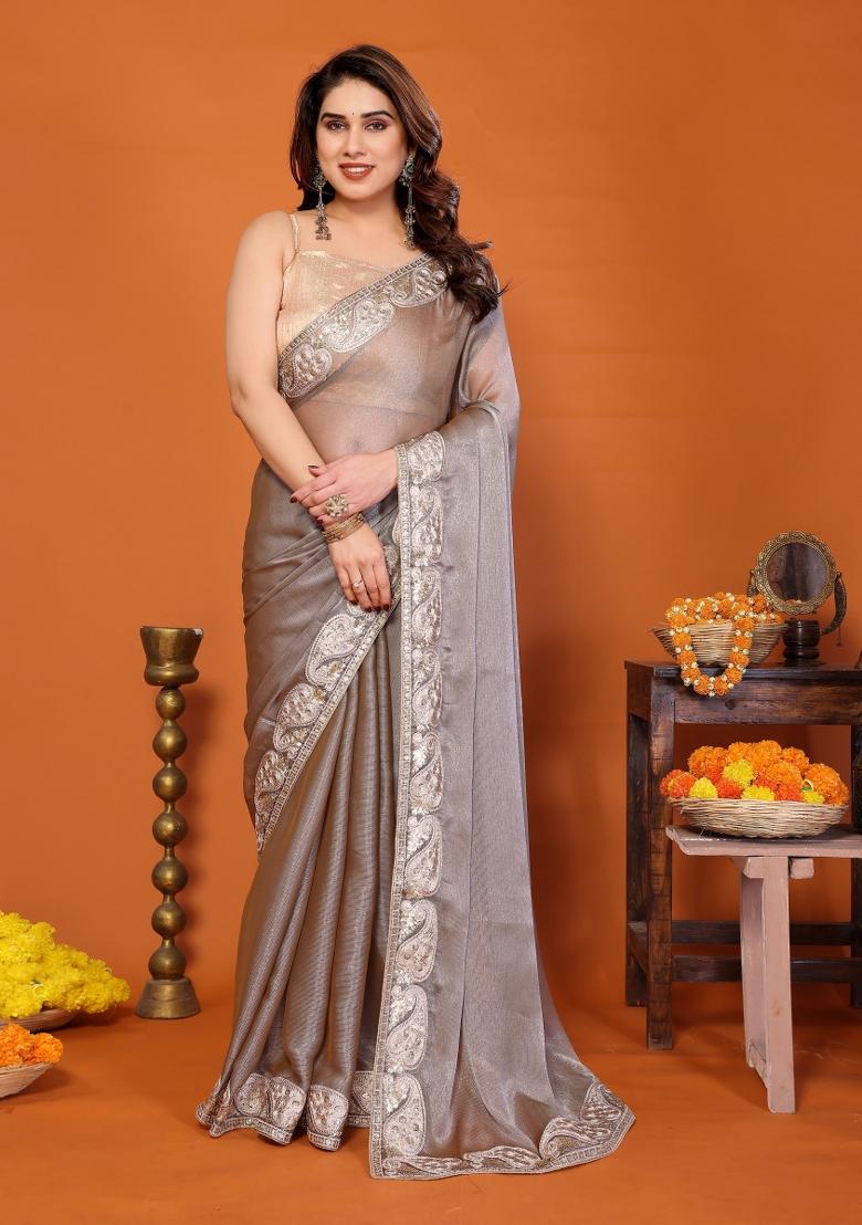 Grey Embroidered Chiffon Saree Set - Indya