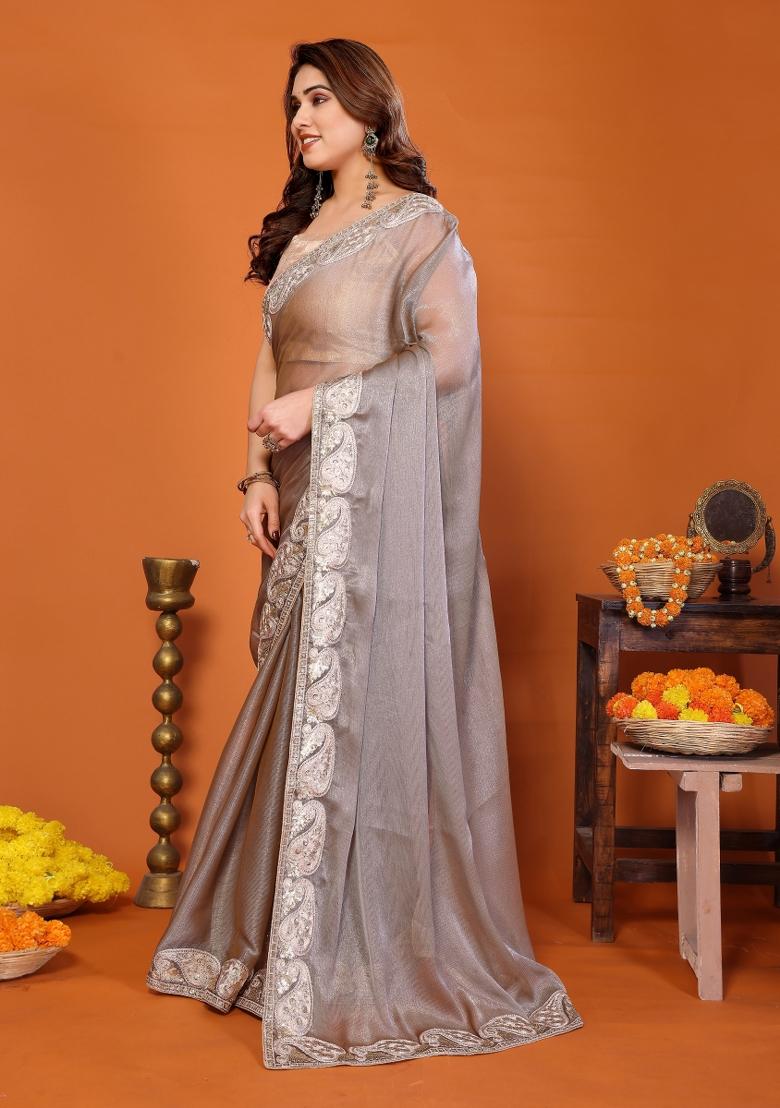Grey Embroidered Chiffon Saree Set - Indya