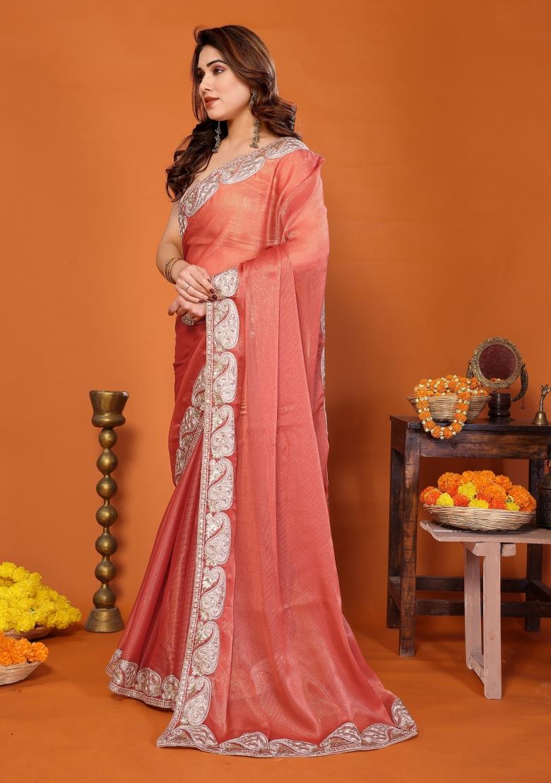 Orange Embroidered Chiffon Saree Set - Indya