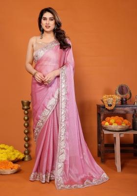 Pink Embroidered Chiffon Saree Set