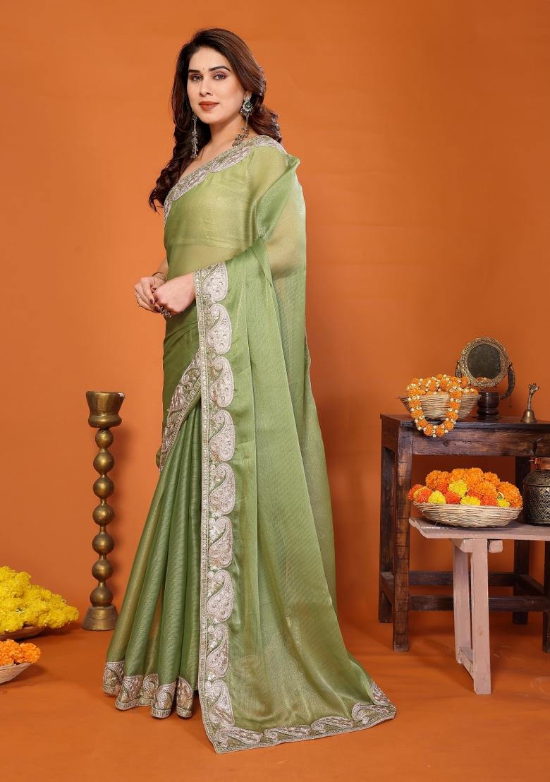 Pista Embroidered Chiffon Saree Set - Indya