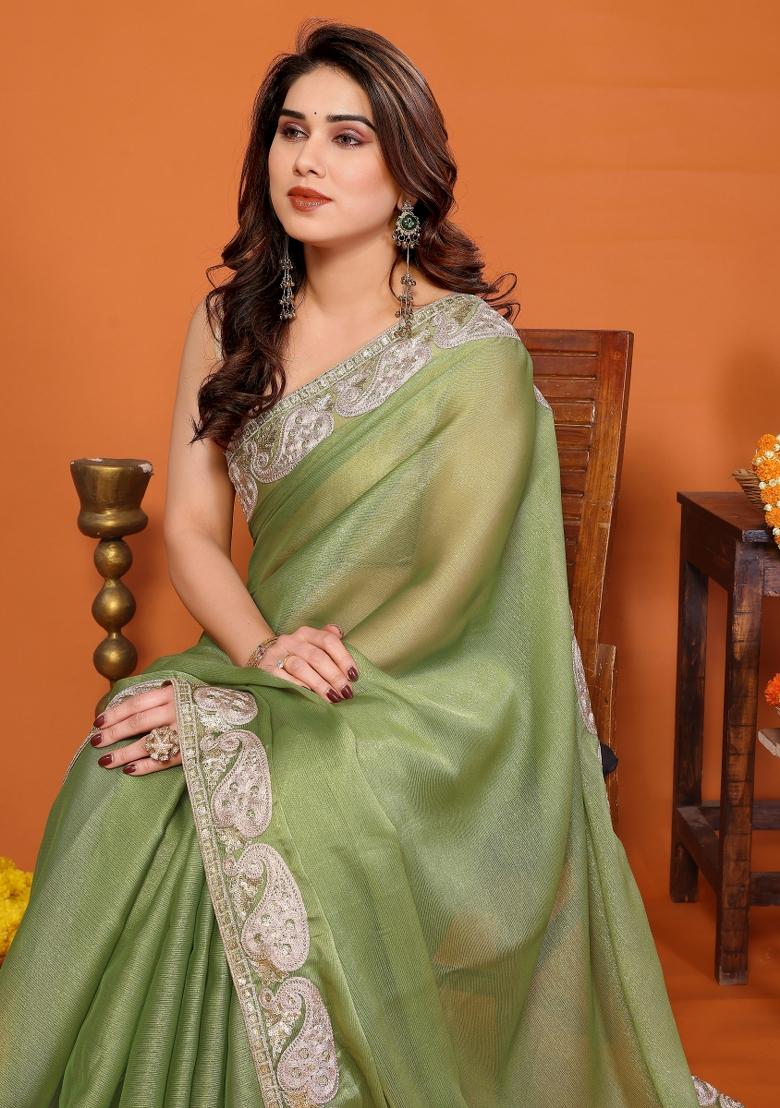 Pista Embroidered Chiffon Saree Set - Indya