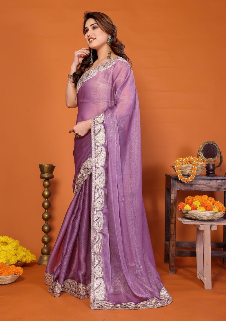 Purple Embroidered Chiffon Saree Set - Indya