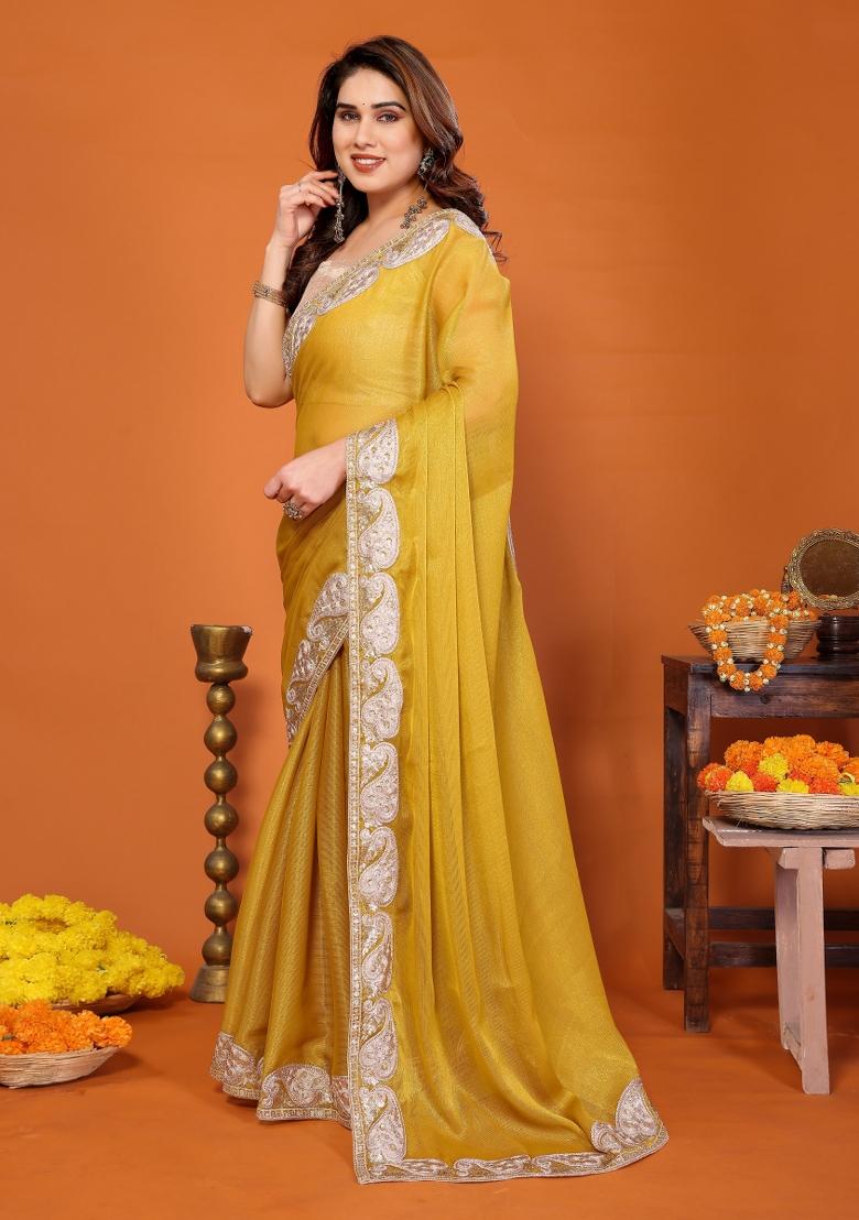 Yellow Embroidered Chiffon Saree Set - Indya