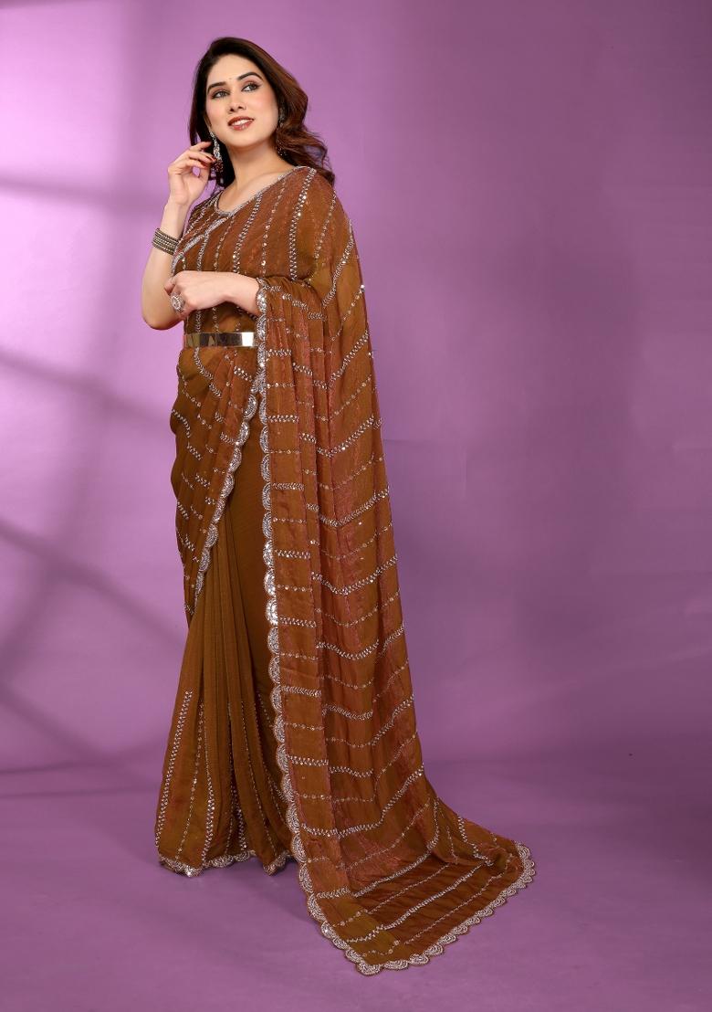 Brown Beadwork Silk Saree Set - Indya