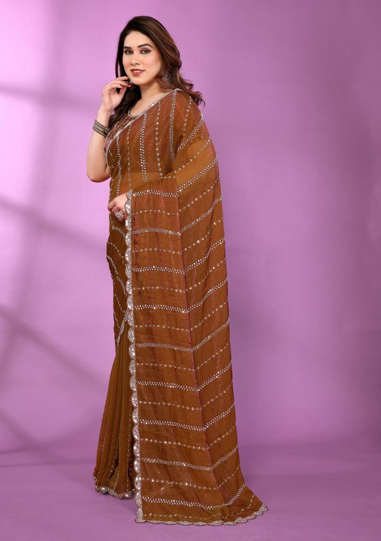 Brown Beadwork Silk Saree Set - Indya