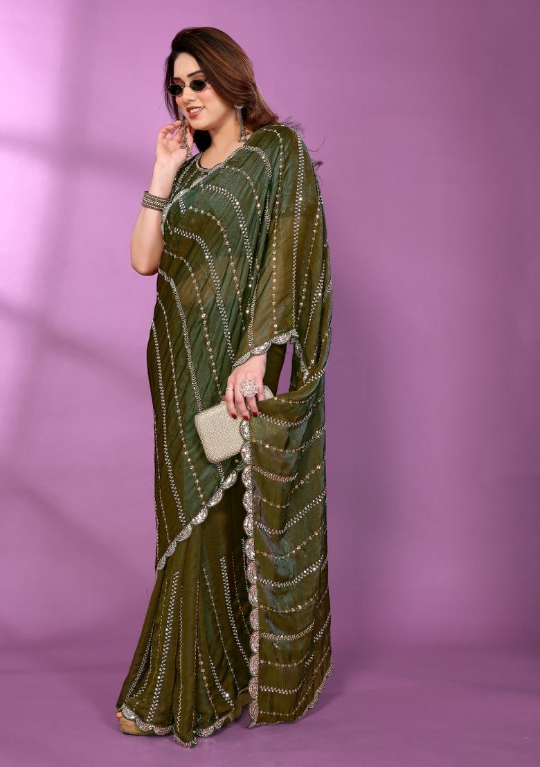 Green Beadwork Silk Saree Set - Indya