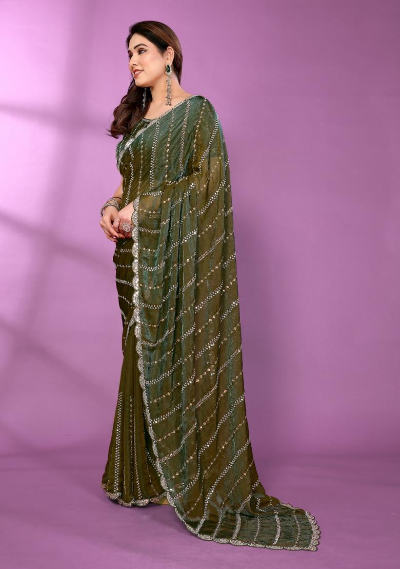 Green Beadwork Silk Saree Set - Indya