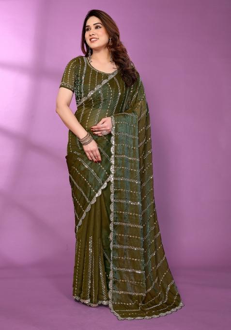 Green Beadwork Silk Saree Set — view on Indya