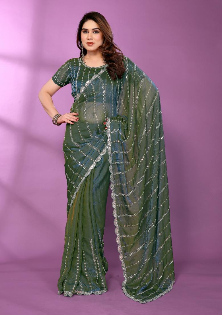 Morpeach Beadwork Silk Saree Set - Indya