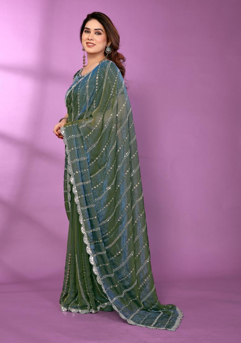 Morpeach Beadwork Silk Saree Set - Indya