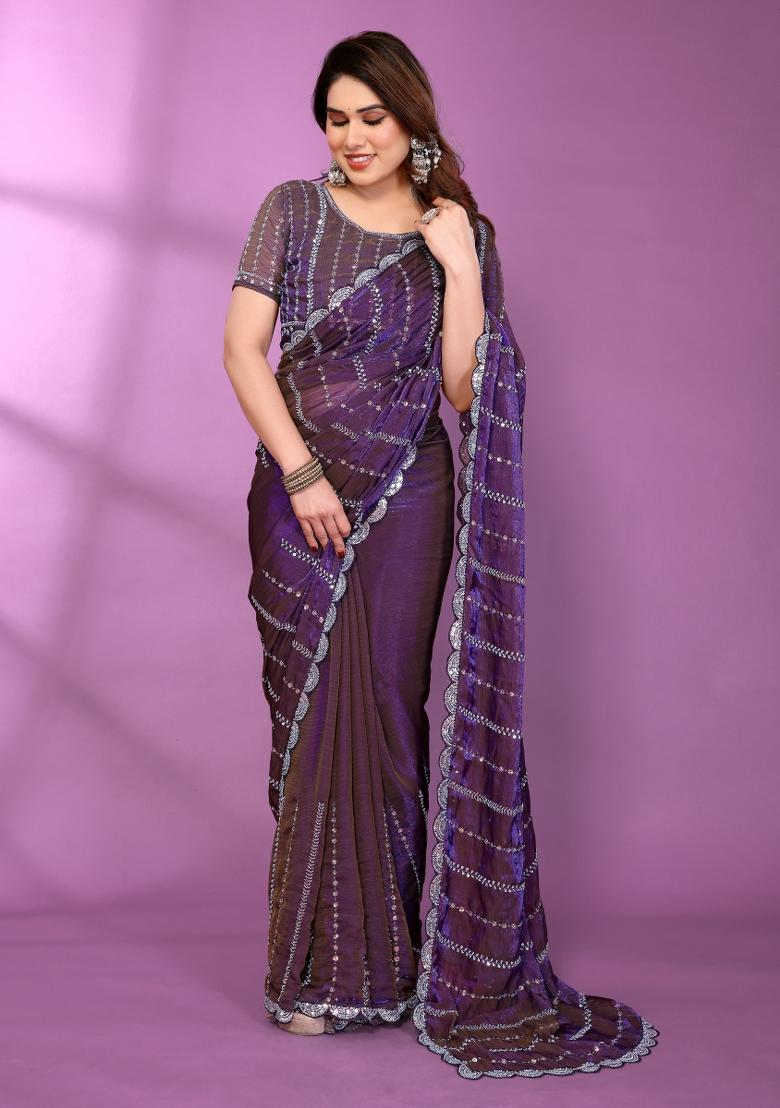 Purple Beadwork Silk Saree Set - Indya