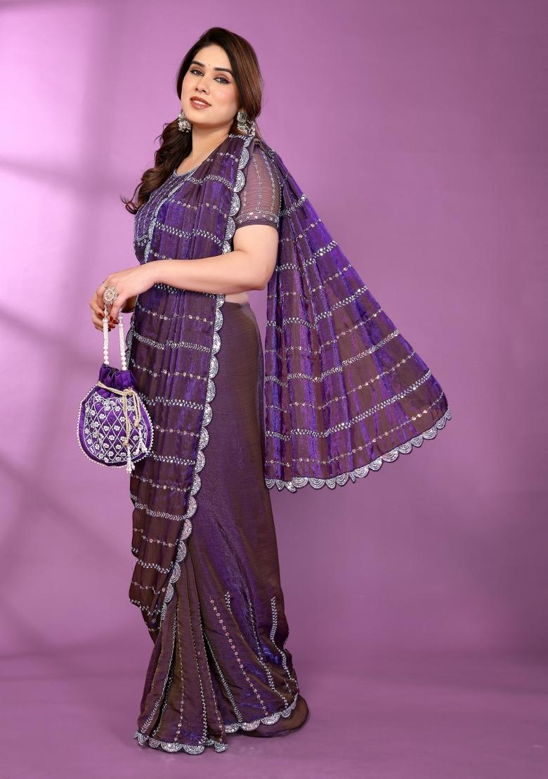 Purple Beadwork Silk Saree Set - Indya