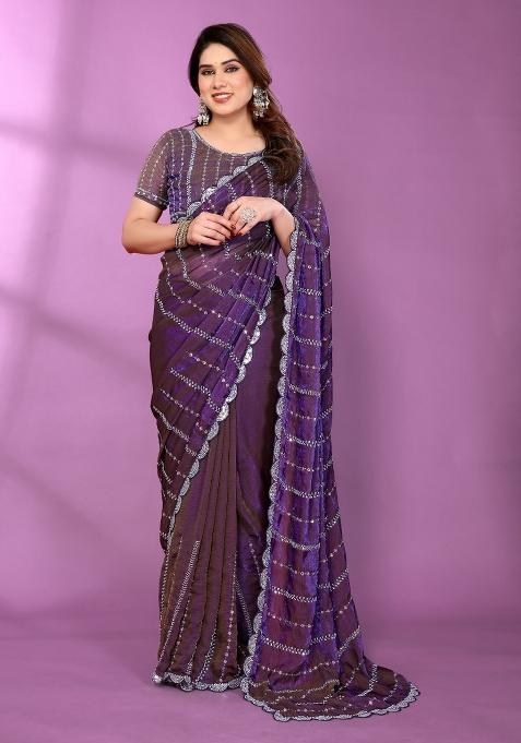 Purple Beadwork Silk Saree Set — view on Indya
