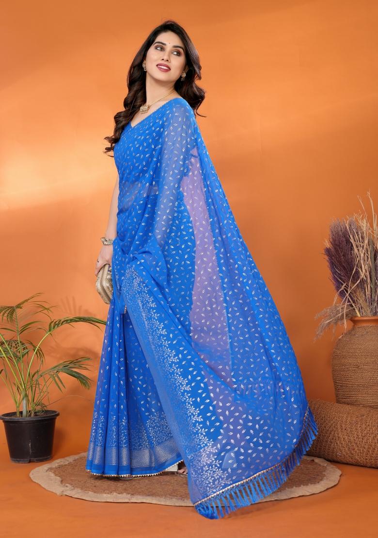 Blue Plain Georgette Saree Set - Indya