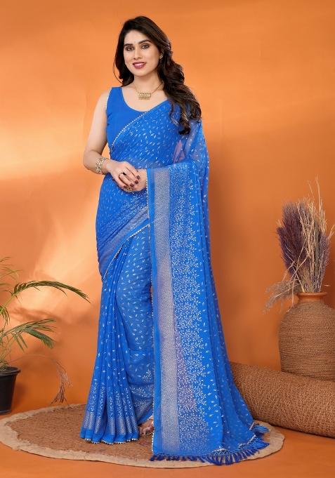 Blue Plain Georgette Saree Set