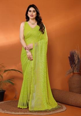 Olive Plain Georgette Saree Set