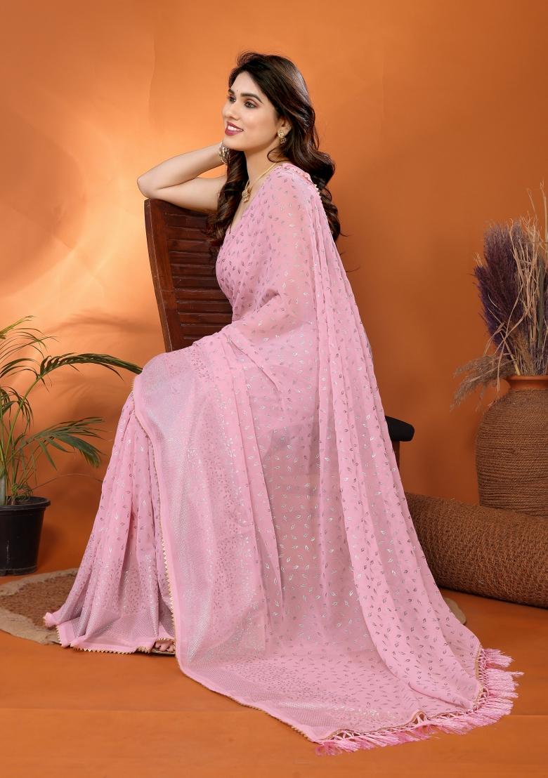 Rose Plain Georgette Saree Set - Indya