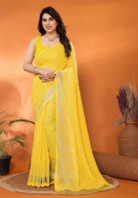 Yellow Plain Georgette Saree Set
