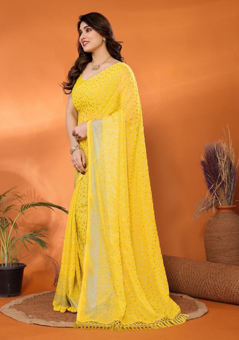Yellow Plain Georgette Saree Set - Indya