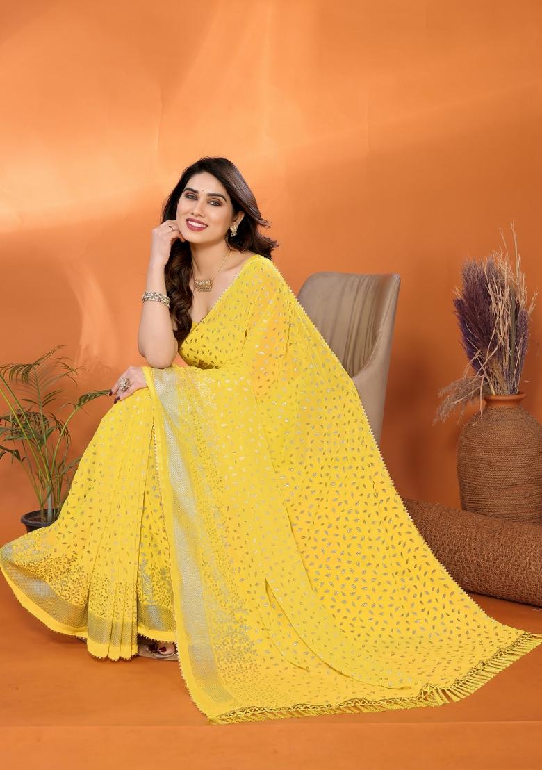 Yellow Plain Georgette Saree Set - Indya