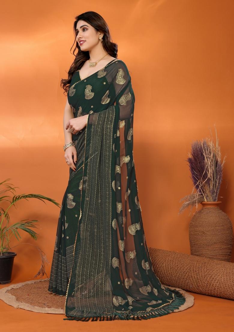 Green Plain Georgette Saree Set - Indya
