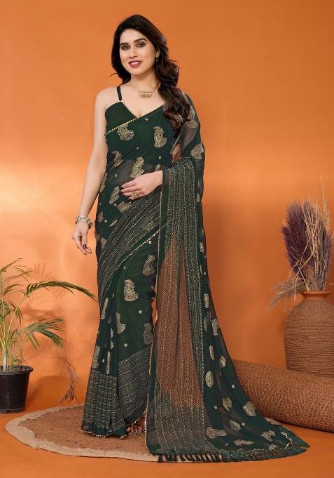 Green Plain Georgette Saree Set — view on Indya